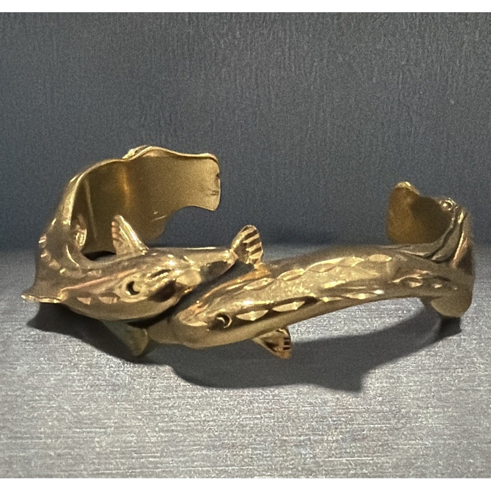Vintage Gold Tone Double Dolphin Cuff Bracelet Figural Ocean Sea Life Signed 6"